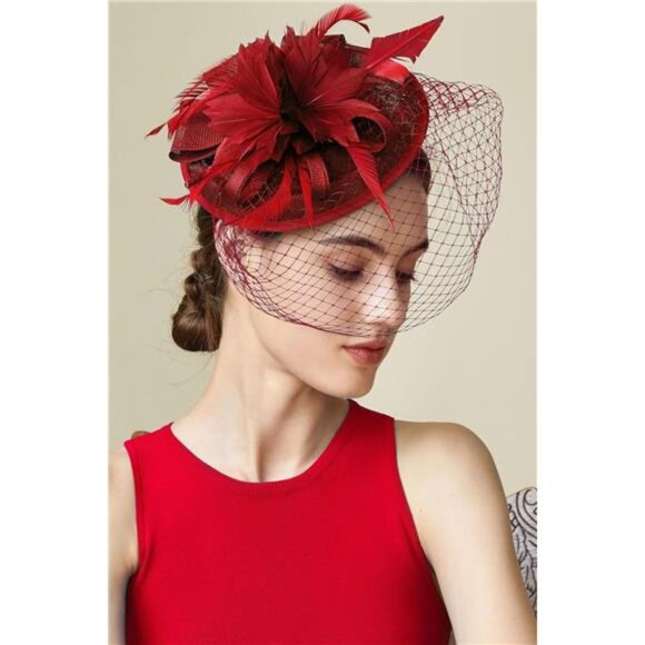 Accessories - Fascinator Hat Veil Feather Red